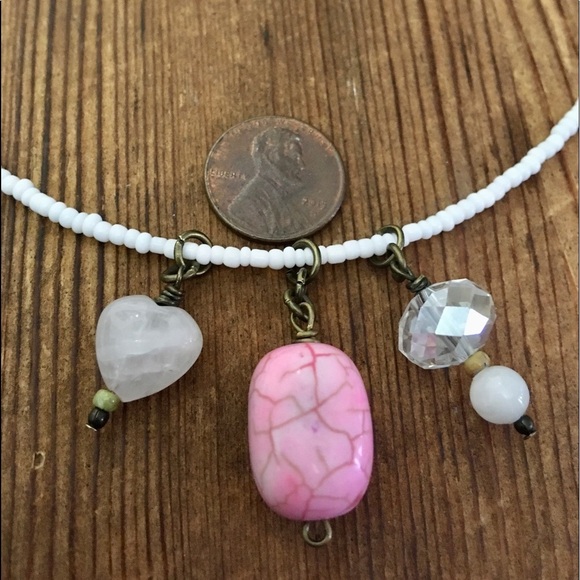 Beaded Charmed Pendant Ladies Necklace, Pink Turquoise and White Neckla… - Picture 3 of 6